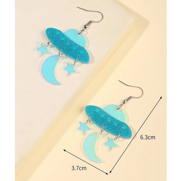 Iridescent Alien Spaceship Earrings with Stars‎ and Moons - Picture 3 of 3